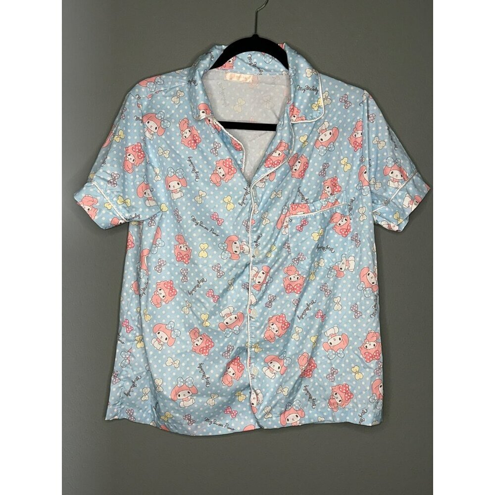 My Melody Hello Kitty Button-Front SS Collared Sleep Shirt Front Pocket CUTE